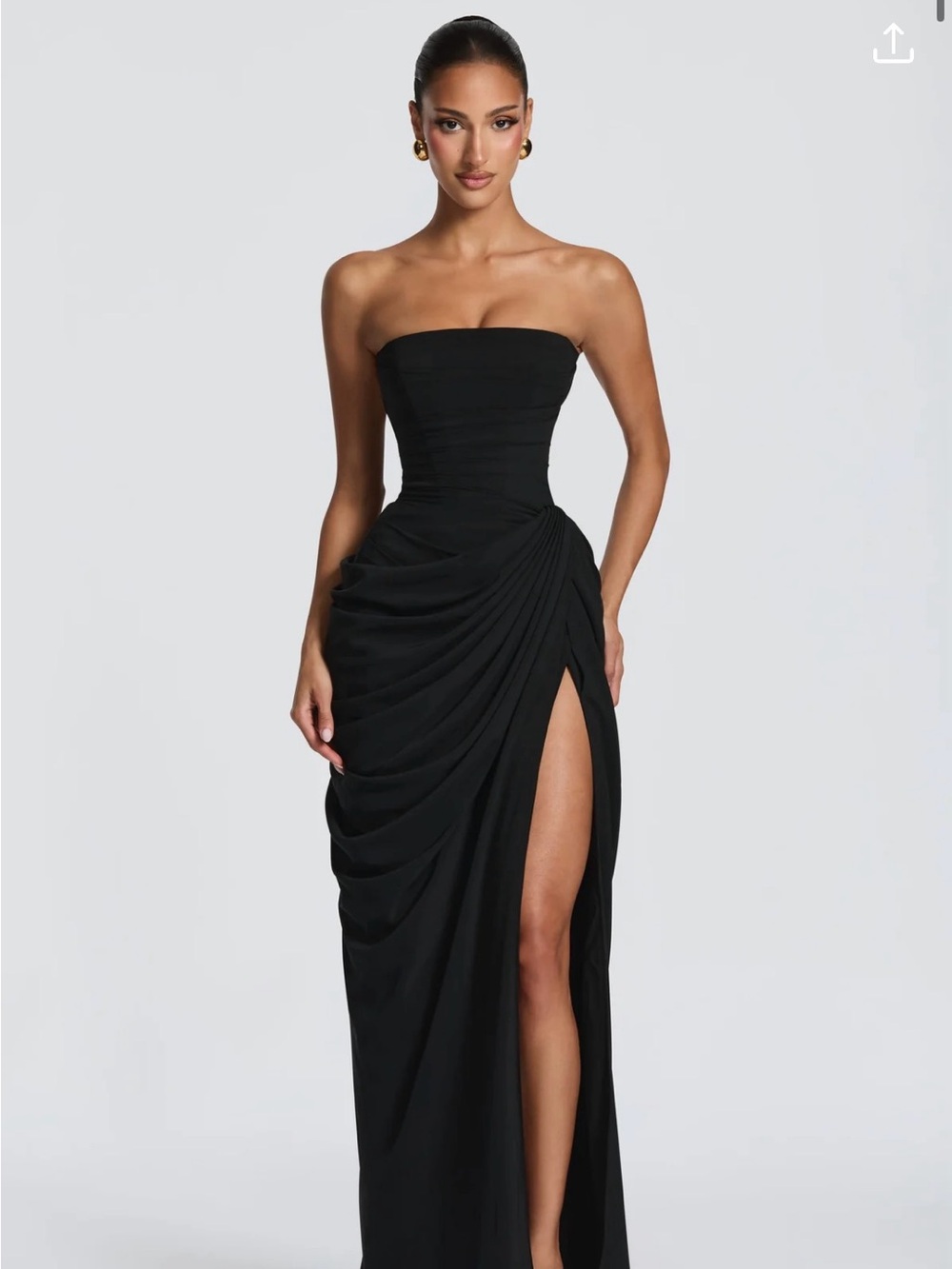 Babyboo cyra Strapless Black Ruched Maxi Gown with High Slit